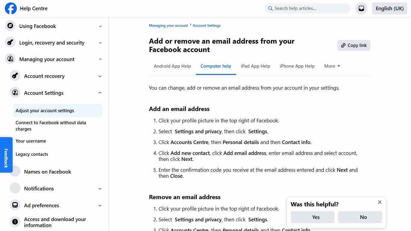 Add or remove an email address from your Facebook account Facebook Help Centre
